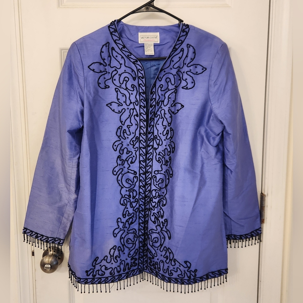 Vtg Blazer Blue Black Fringe Trim Jacket Women’s Size S Silk Victir Costa #C1086